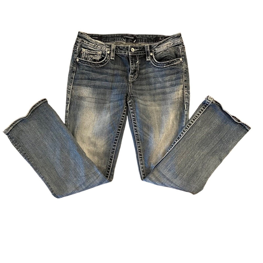 Vigoss Slim Boot Heritage Fit Mid Rise Embellished Denim Blue Jeans Size 10